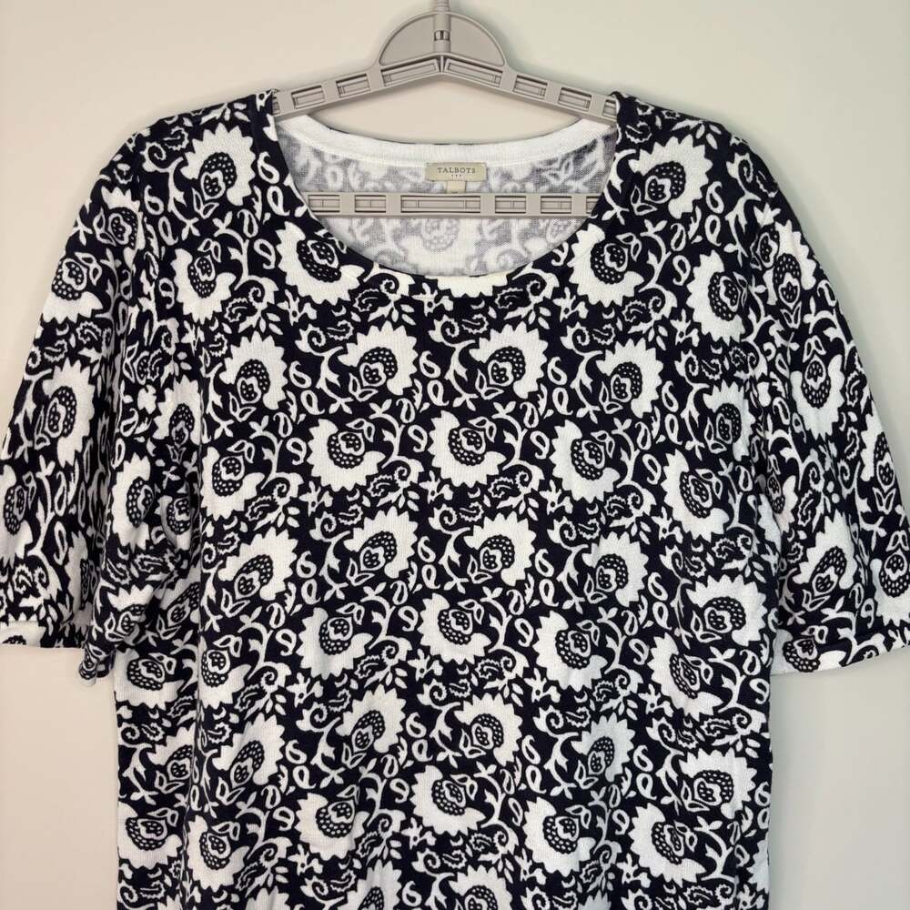 Talbots knit short sleeve top womens XL floral navy white stretch